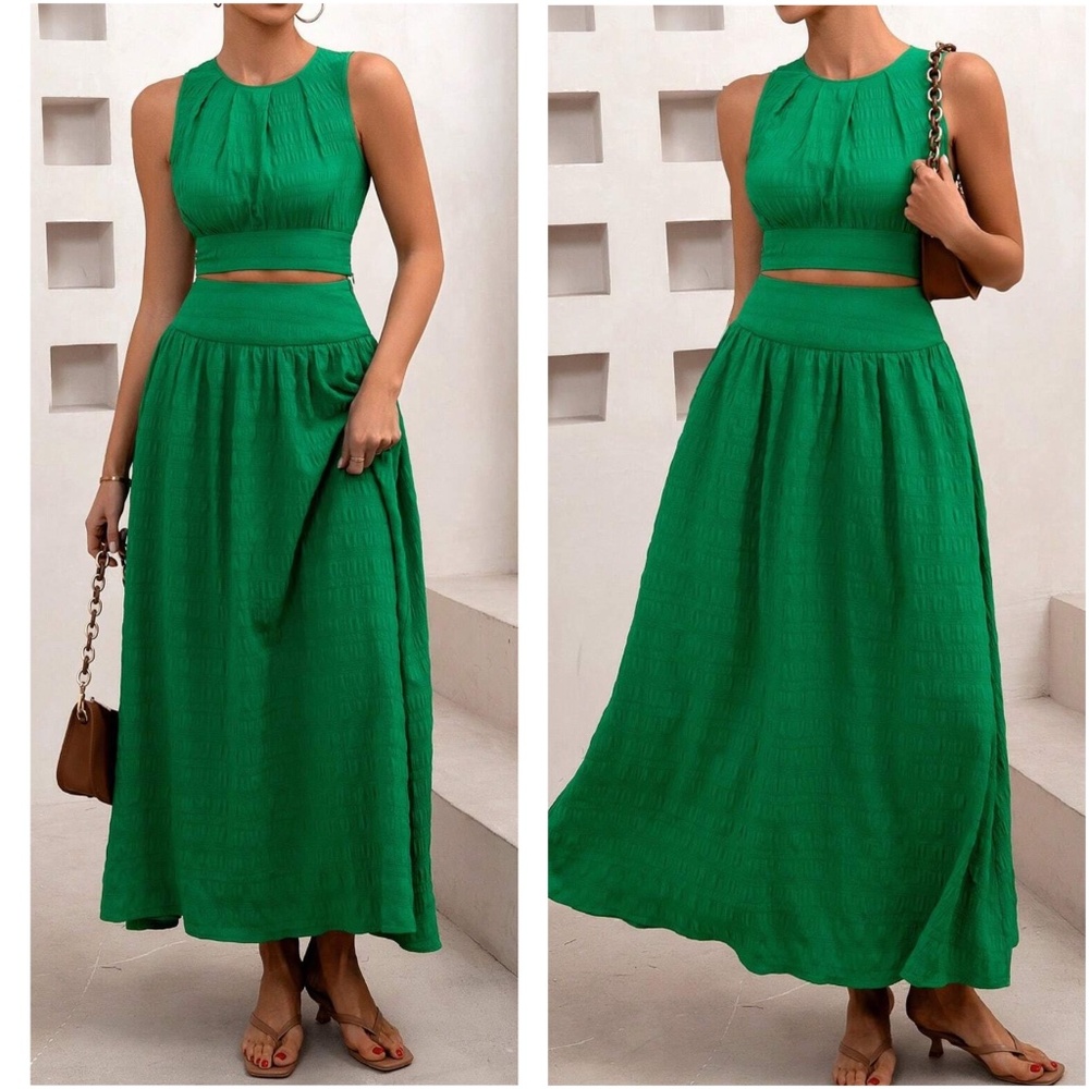 Boho Green Textured Crop Top Maxi Skirt Set